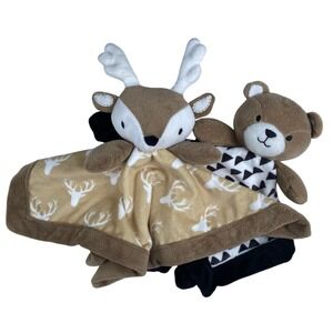 Baby Lovey Security Blanket Set Brown Bear Deer Antler Geometric Plush 2pc WP167